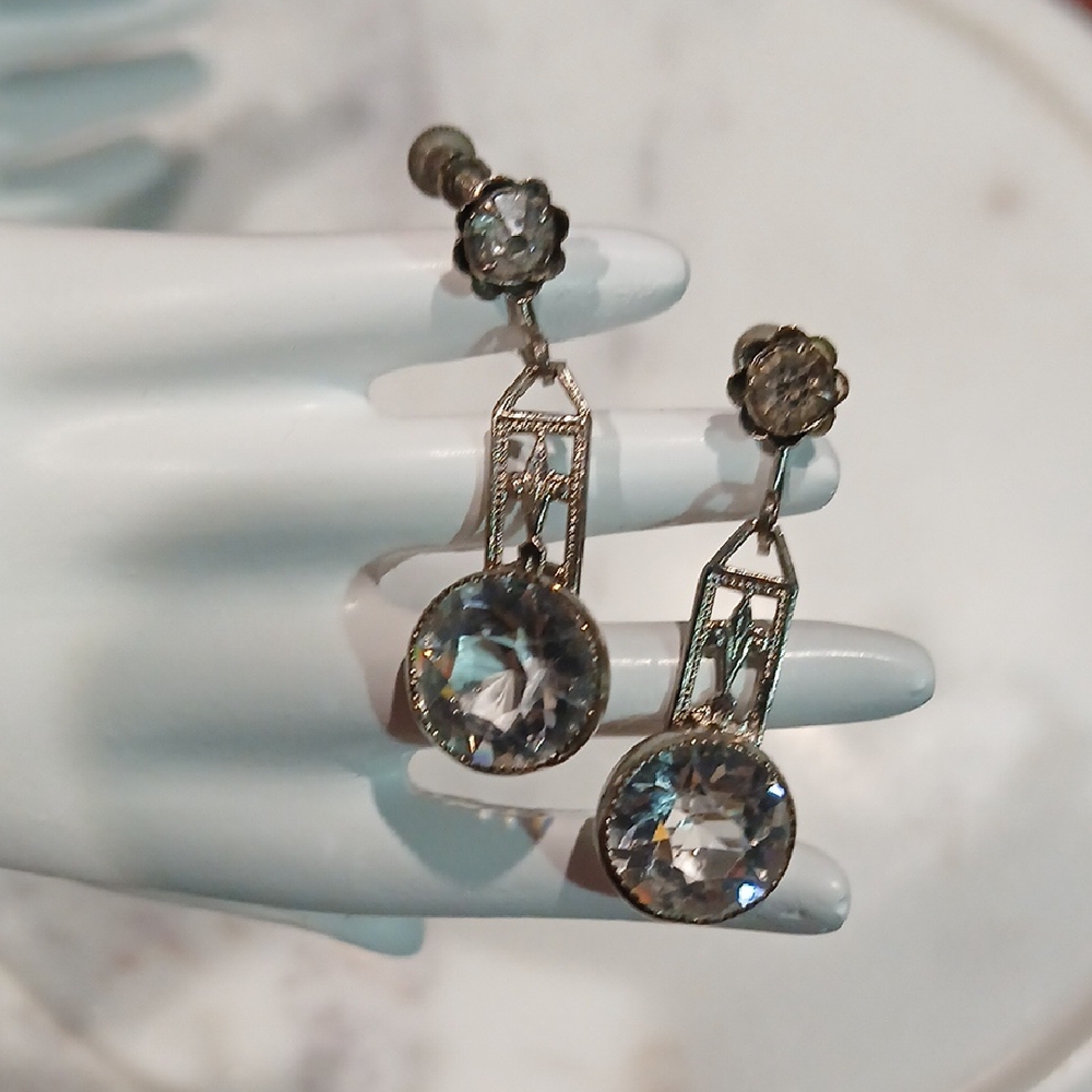 💎 Art Deco Vintage Silver Paste Drop Screwback Earrings Rare 20s Flapper